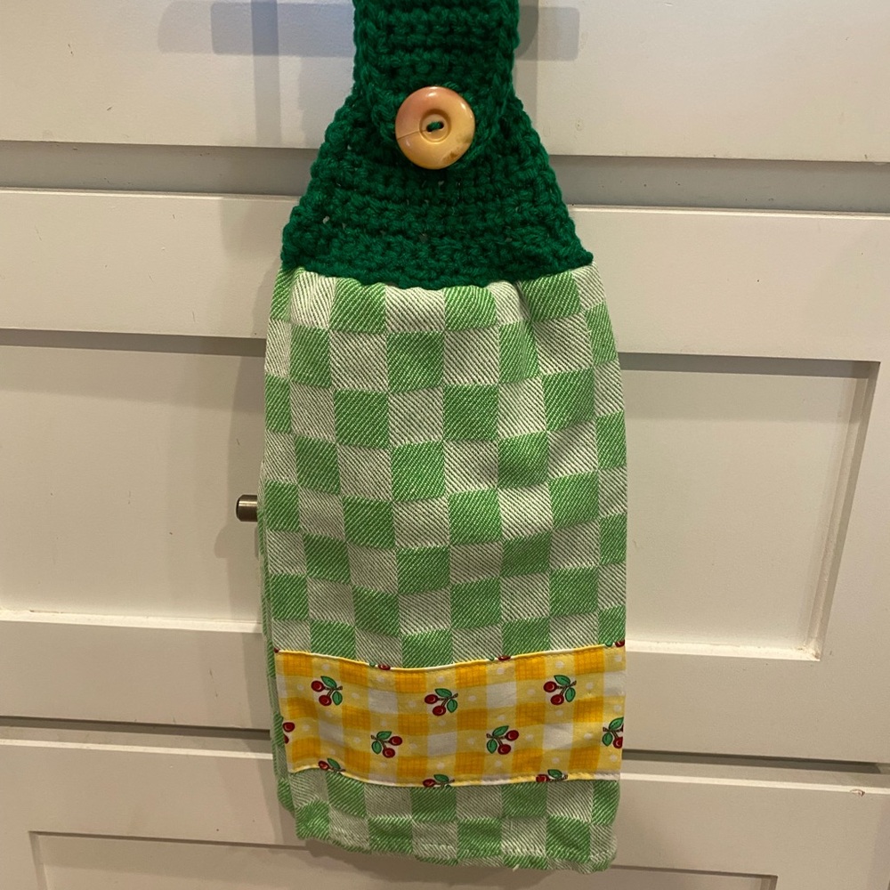 Handmade Crochet Top Green Checkered Hanging Kitchen Towel Cherry Fabric Panel